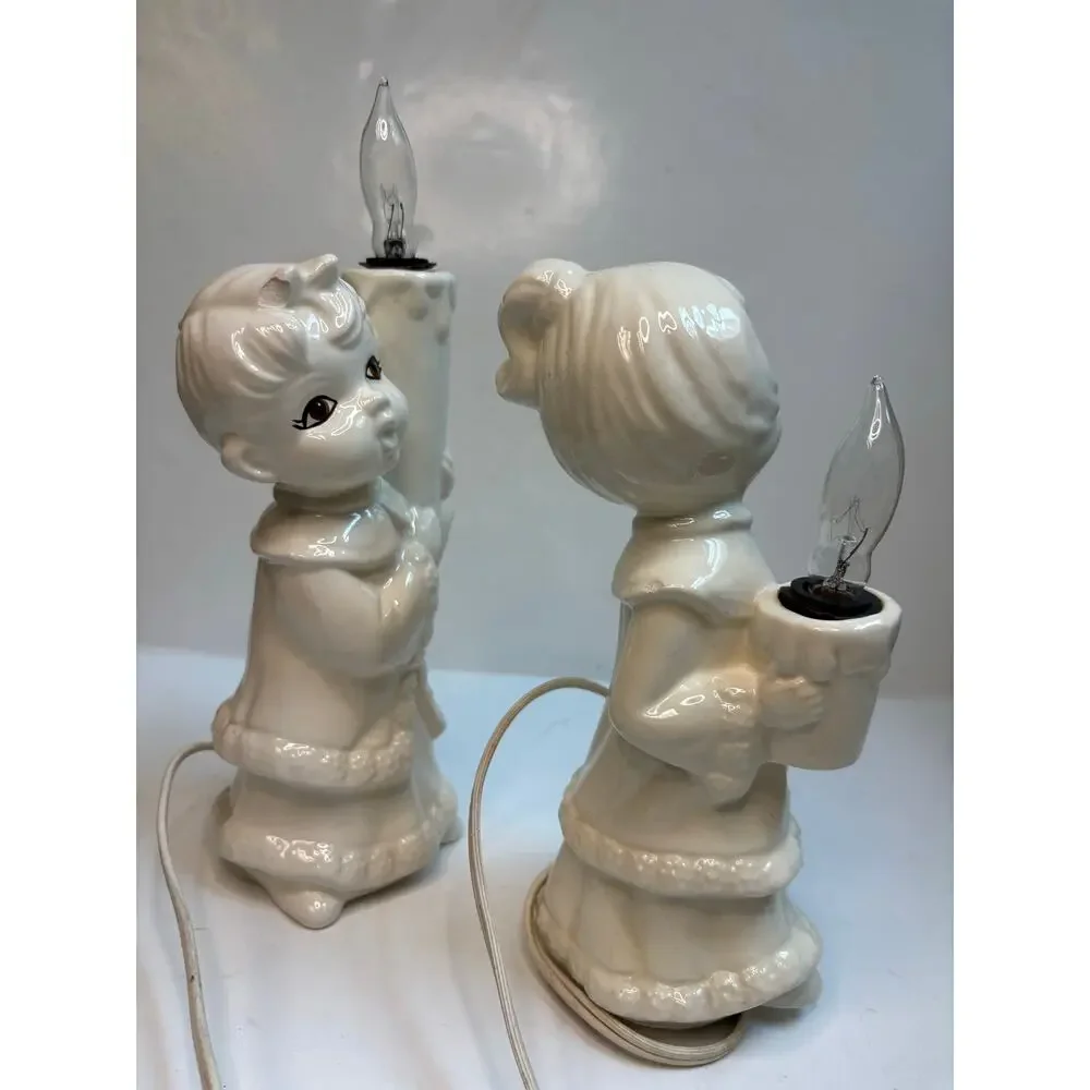 Vintage Big Eyed Christmas Carolers Girl Boy Ceramic Light Up Set 2 CHIPPED